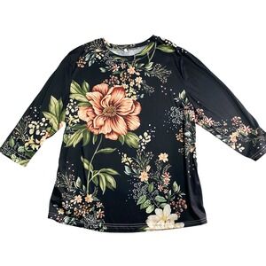 Lightweight Women Black Floral Long Sleeve Botanical Print Crew Neck Top Large